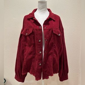 Burgundy Corduroy Shirt with Raw Hem